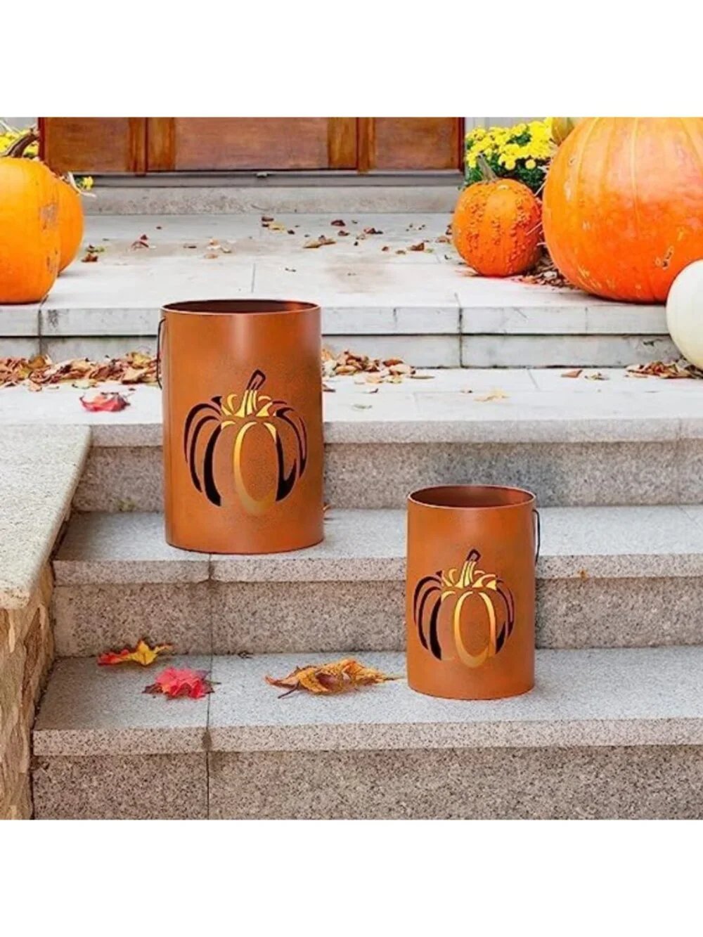 Halloween Pumpkin Lantern Candle Holders - 2 Pack Metal Decor for Porch